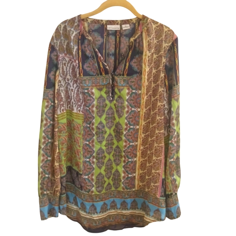 Liz Claiborne Women's Scarf Print Tunic With 3 Button Cuffs Size XL